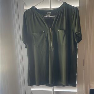 Olive Green Women's Top with Gold Zipper Detail and Matching Skirt